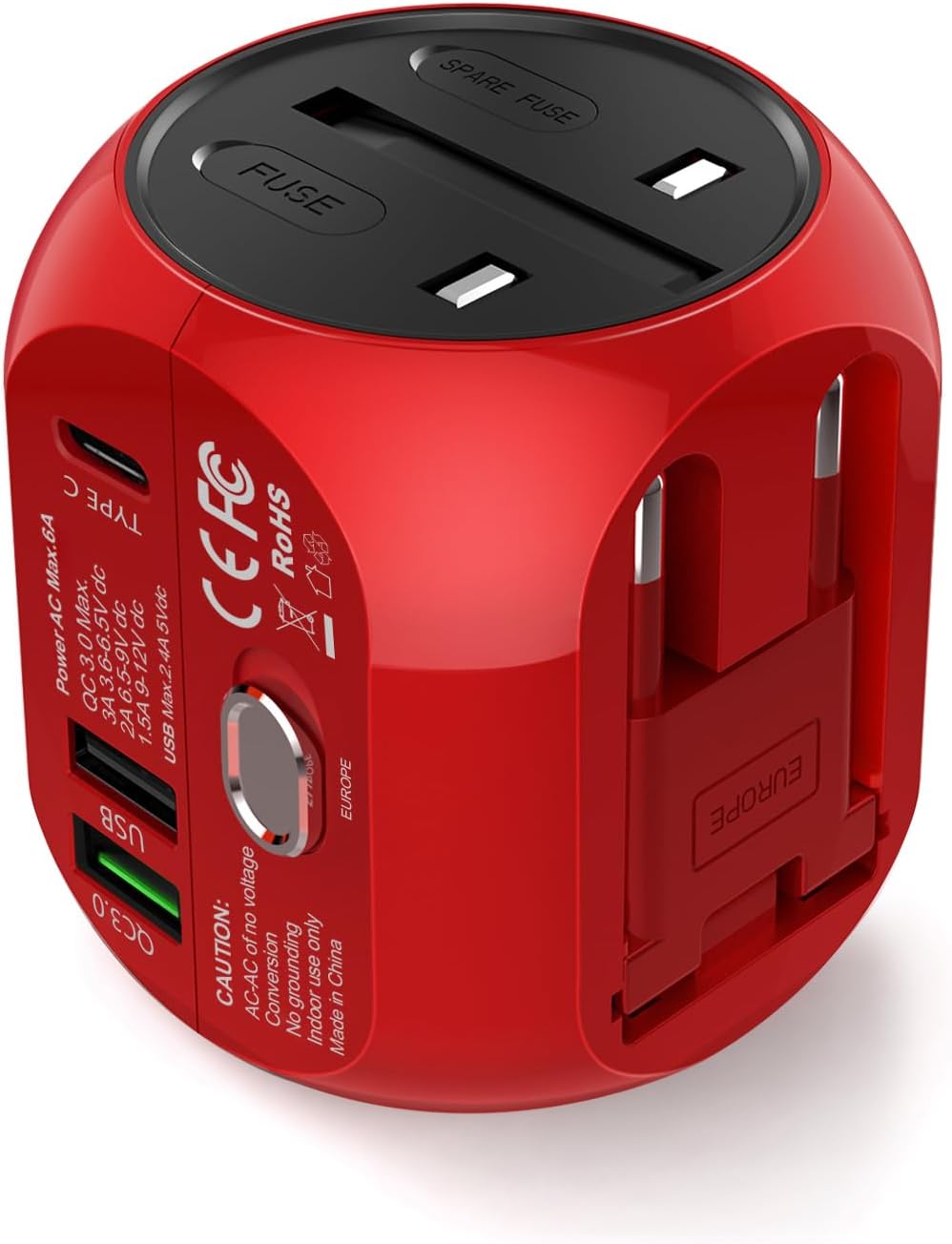 Adaptateur de voyage universel QC3.0 (180 pays, USB-C, rouge)