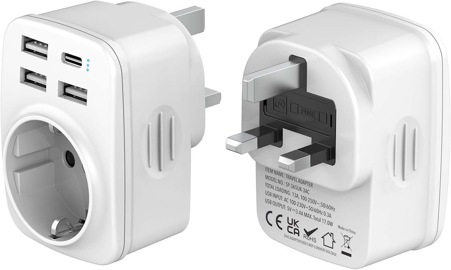Hoppac – Adaptateur prise UK/française 5-en-1 (3 USB-A + 1 USB-C)